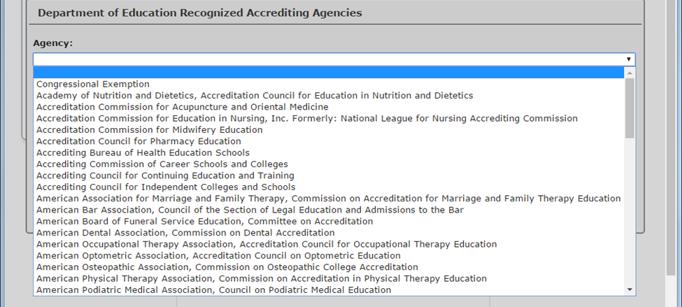 List of accrediting agency