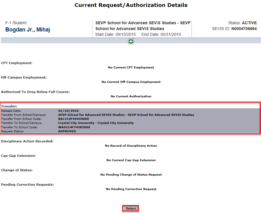 The Current Request/Authorization Details page 