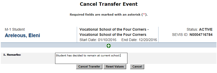 The Cancel Transfer Event page