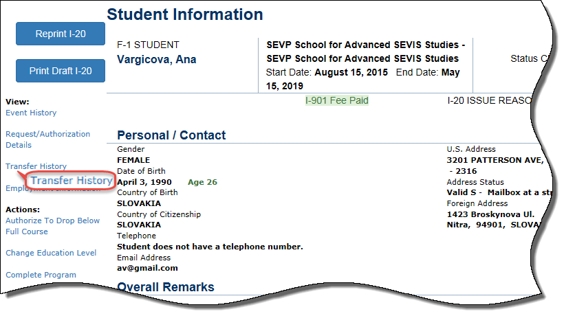 Student Information Page with Transfer History circled