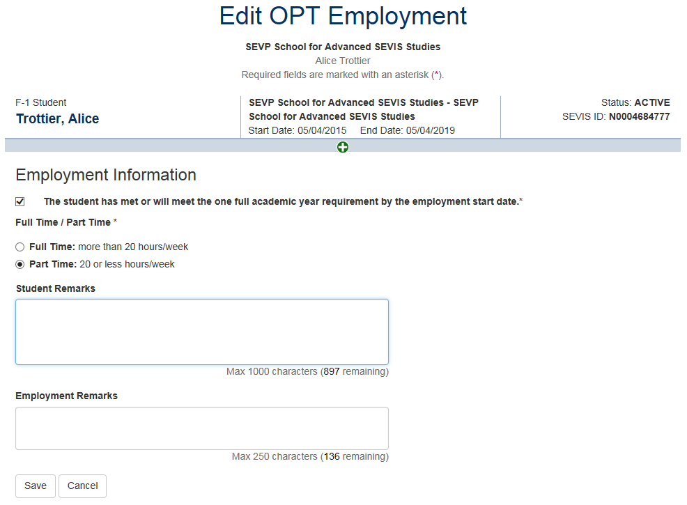 Edit OPT Employment page