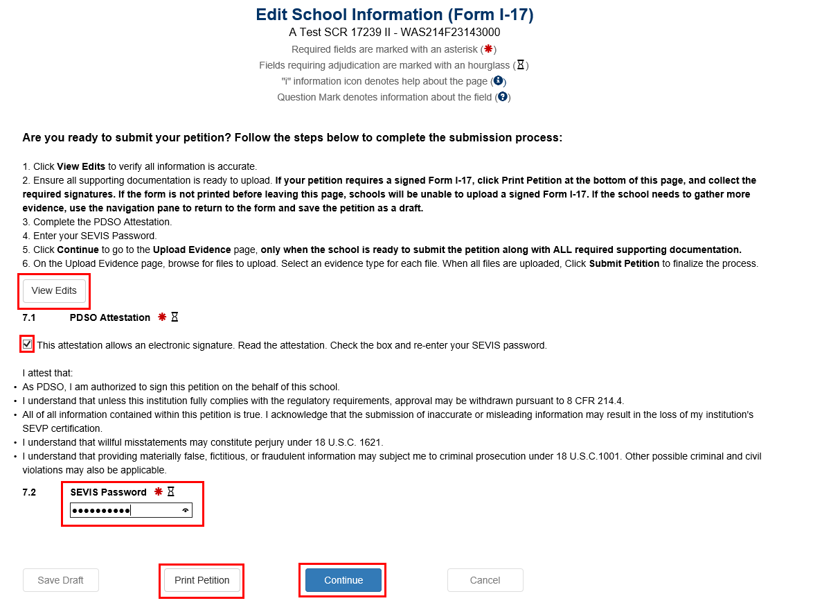 Edit School Information (Form I-17) page for Petition Update Submit Page with View Edits, Password, Print, and Continue highlighted 