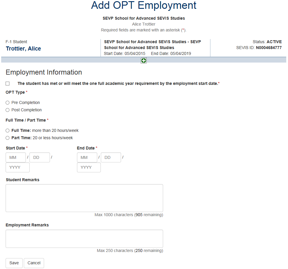 Add OPT Employment page