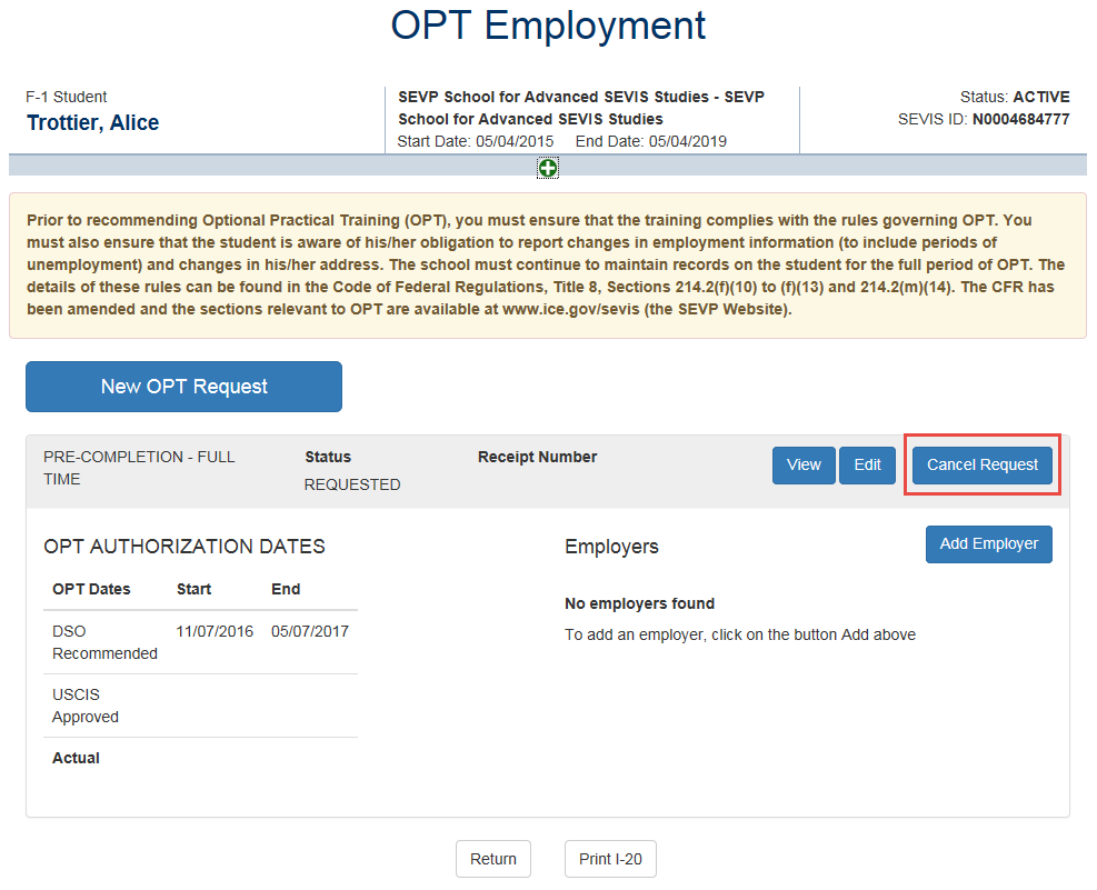 OPT Employment page with Cancel Request call out