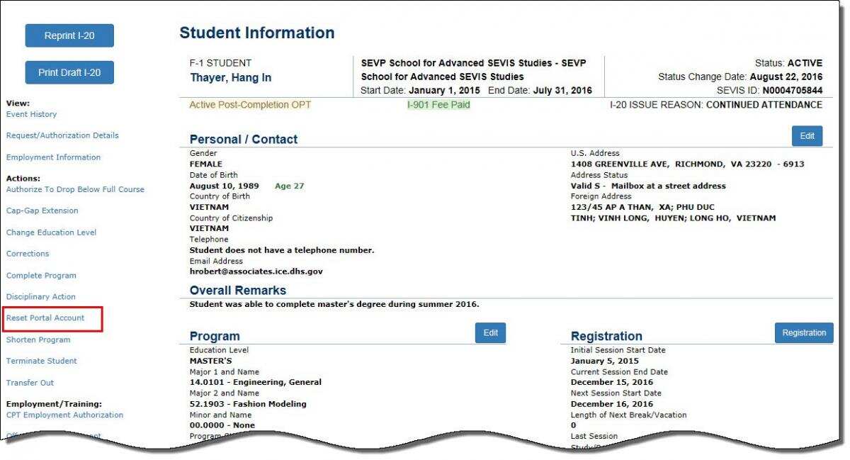 the Student Information page.