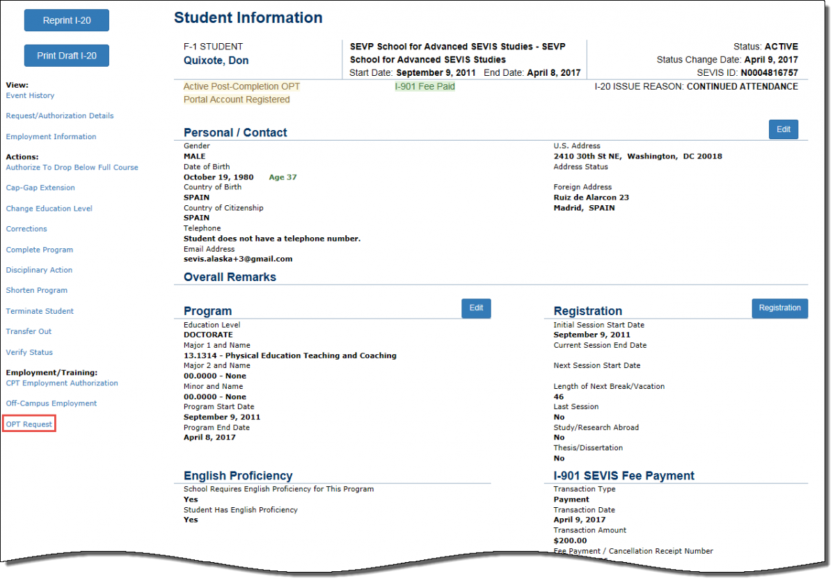 Student Information page with OPT Request call out.png