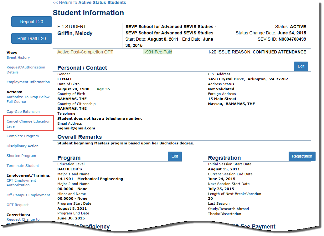 Student Information Page with Cancel Change Education Level call-out