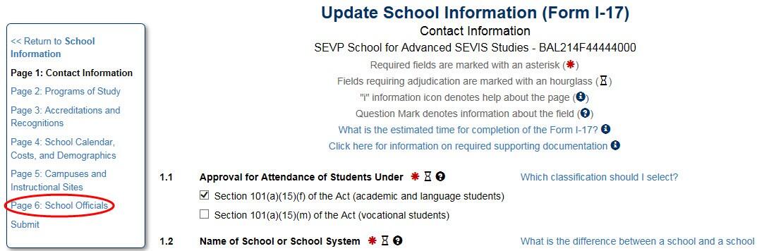 The Update School Information (Form I-17), Contact Information page with School Officials open