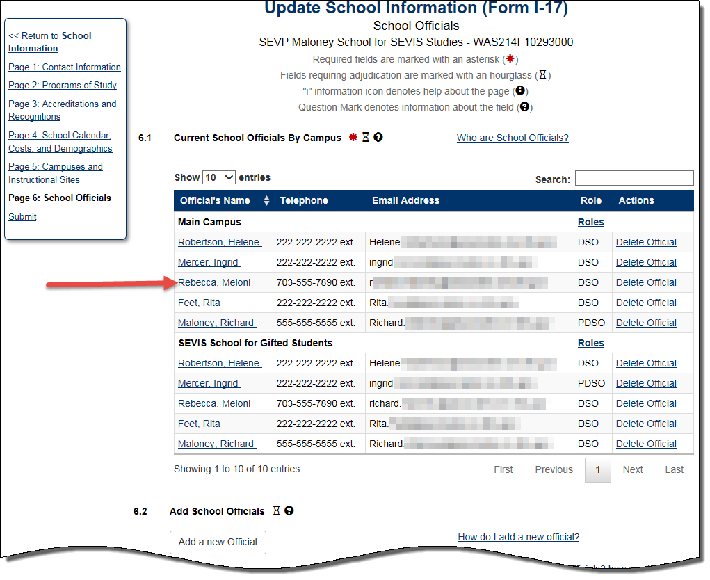 he School Officials page of the Form I-17