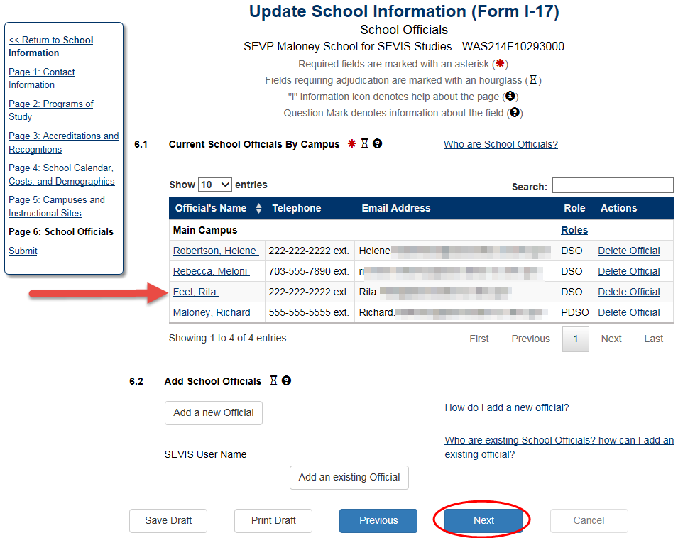 the School Officials page, where the newly added official is listed