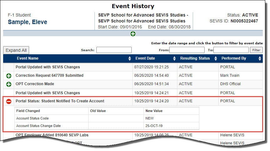 Screenshot of Event History page