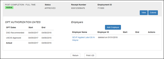 Screenshot of OPT Employment page with deleted employer