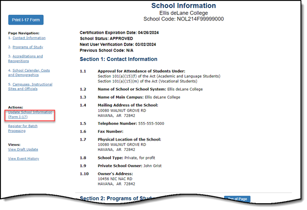 View of the School Information page in SEVIS