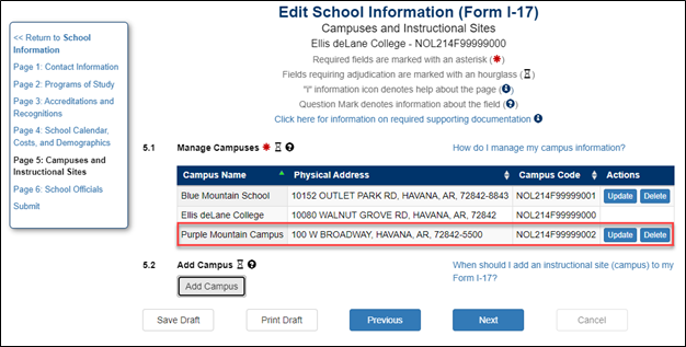 View of the Edit School Information page with listed campuses