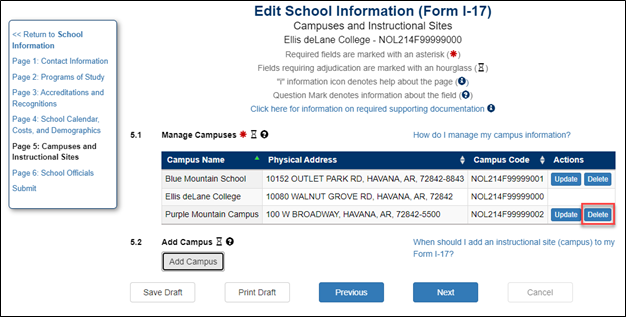 View of the Delete button on the the Campuses and Instructional Sites page