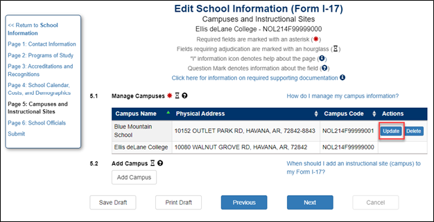 View of the Update button on the Campuses and Instructional sites page