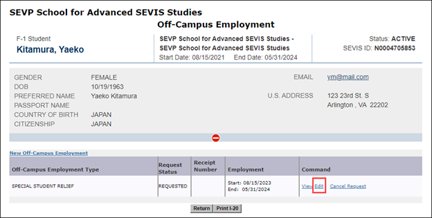 Screenshot of the Off-Campus Employment page with the Edit link highlighted.