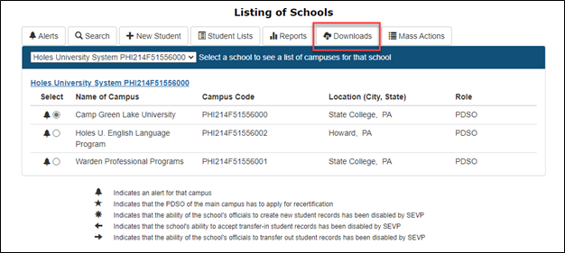 Listing of Schools Page with Downloads Tab highlighted