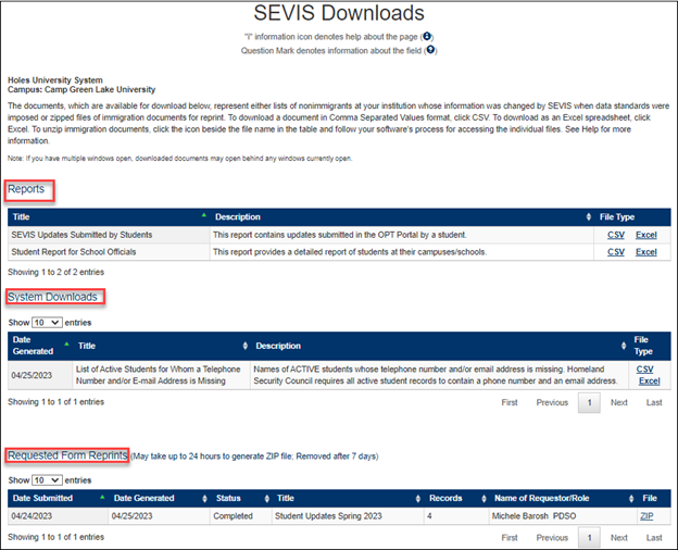 SEVIS Downloads page with Reports, Systems Downloads, and Requested Form Reprints highlighted