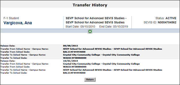Screenshot of the Transfer History window