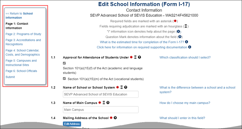 Edit School Information (Form I-17) Page