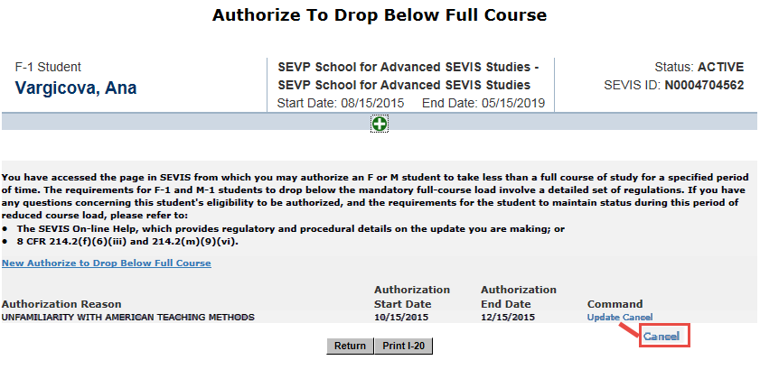 The Authorize to Drop Below Full Course page