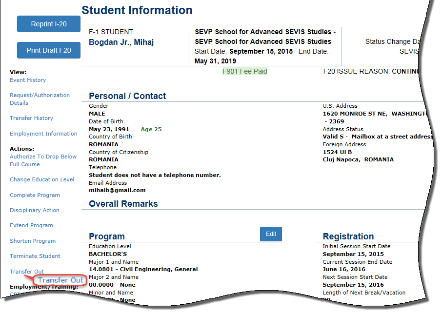 the Student Information page with Transfer Out circled
