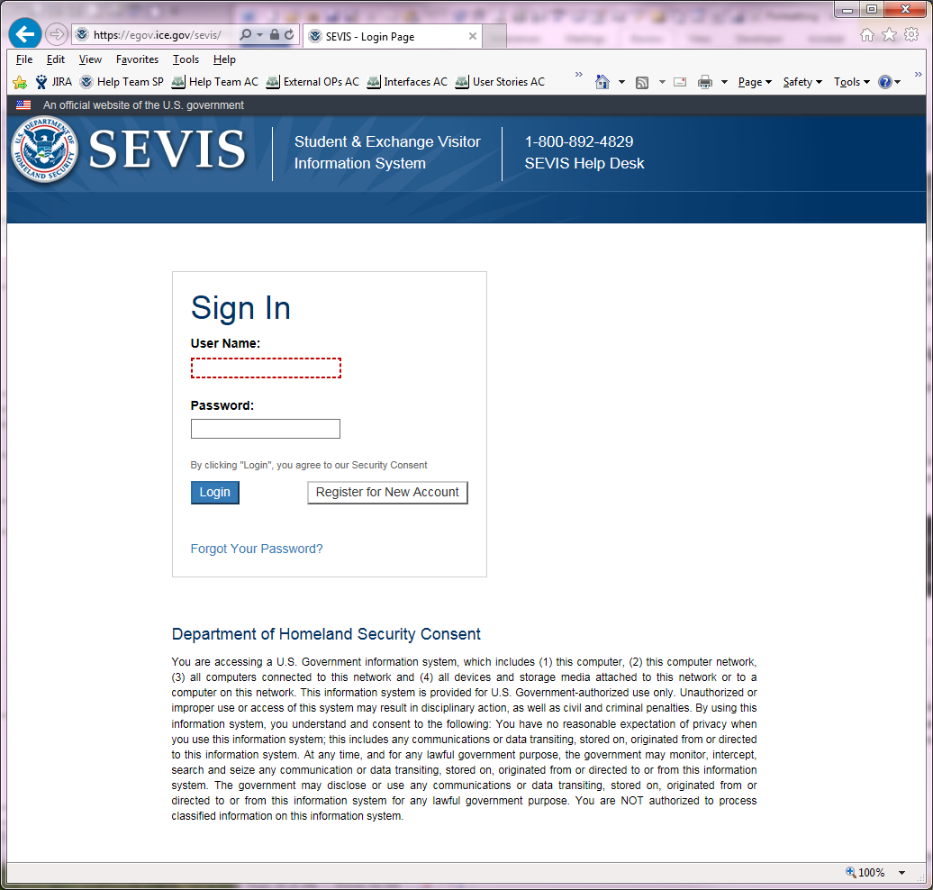 SEVIS Sign In Page