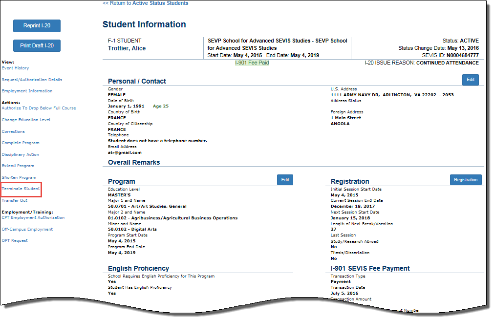 Student Information page with Terminate Student call out