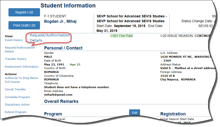 the Student Information page