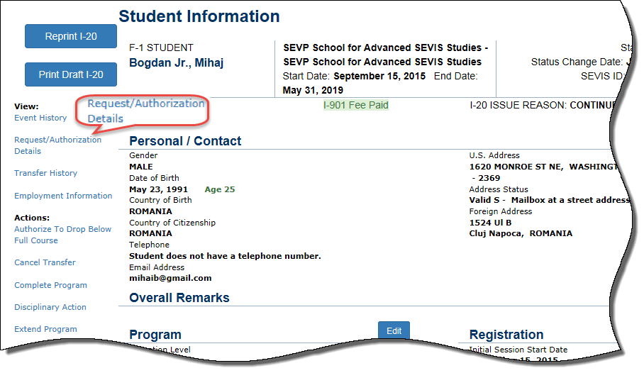 The Student Information page with Request/Authorization circled