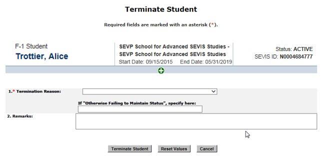 Terminate Student page