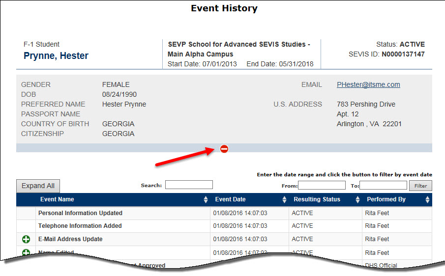 Example of expanded view of nonimmigrant’s personal information