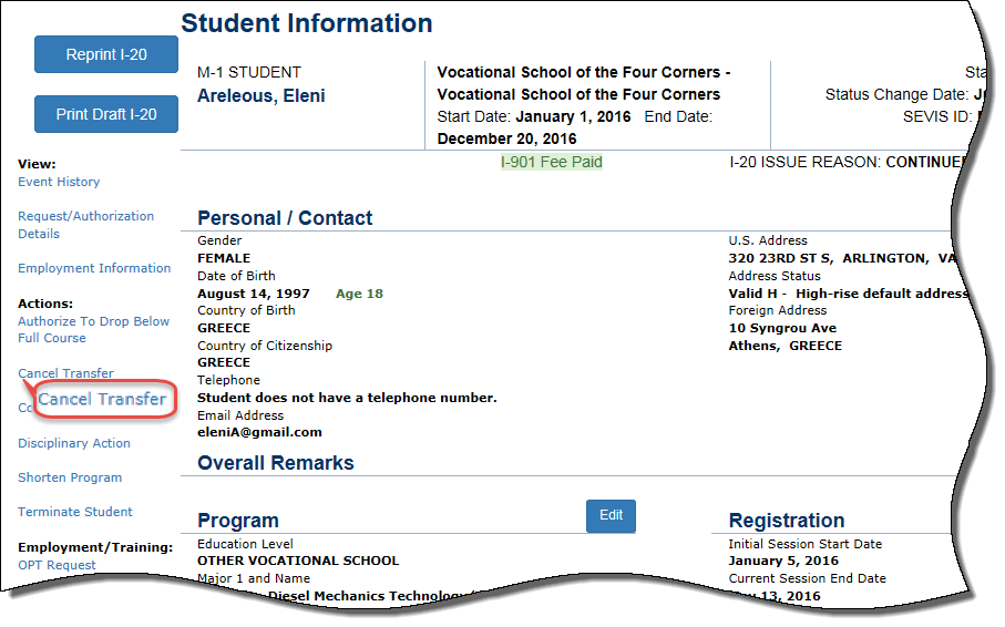 the Student Information page with Cancel Transfer circled 