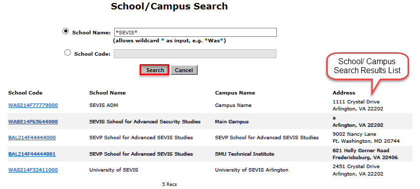 The School/ Campus Search page with a list of choices