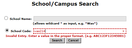 School Search Page Error Message