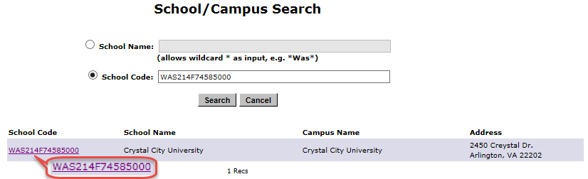 School Search Page with a specific campus selected