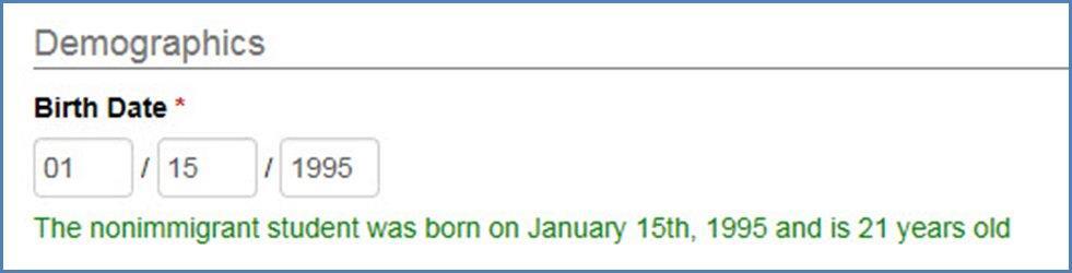 Birth Date field in Demographics Section on Class of Admission and Personal Information Page