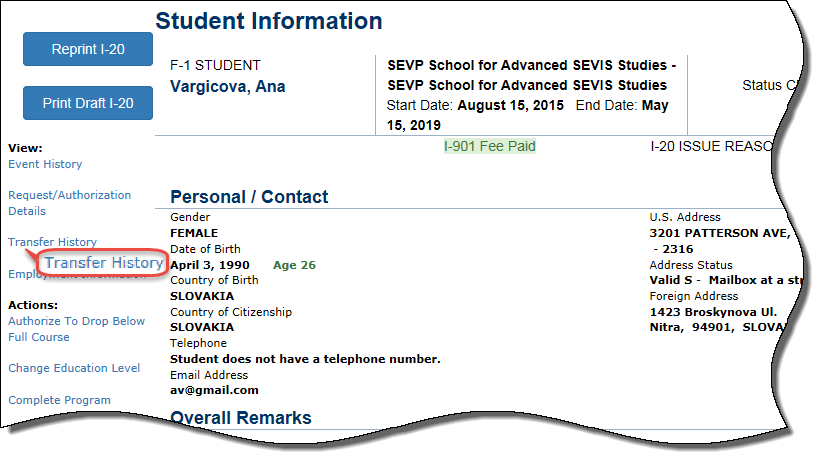 the Student Information page