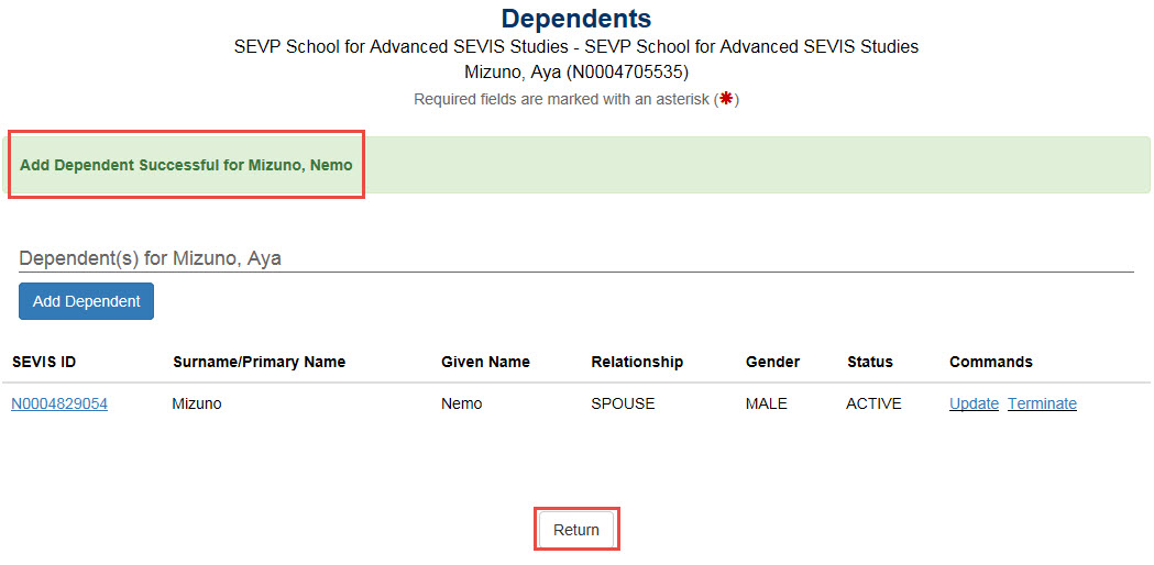 The Dependents page with Add Dependent Successful Circled