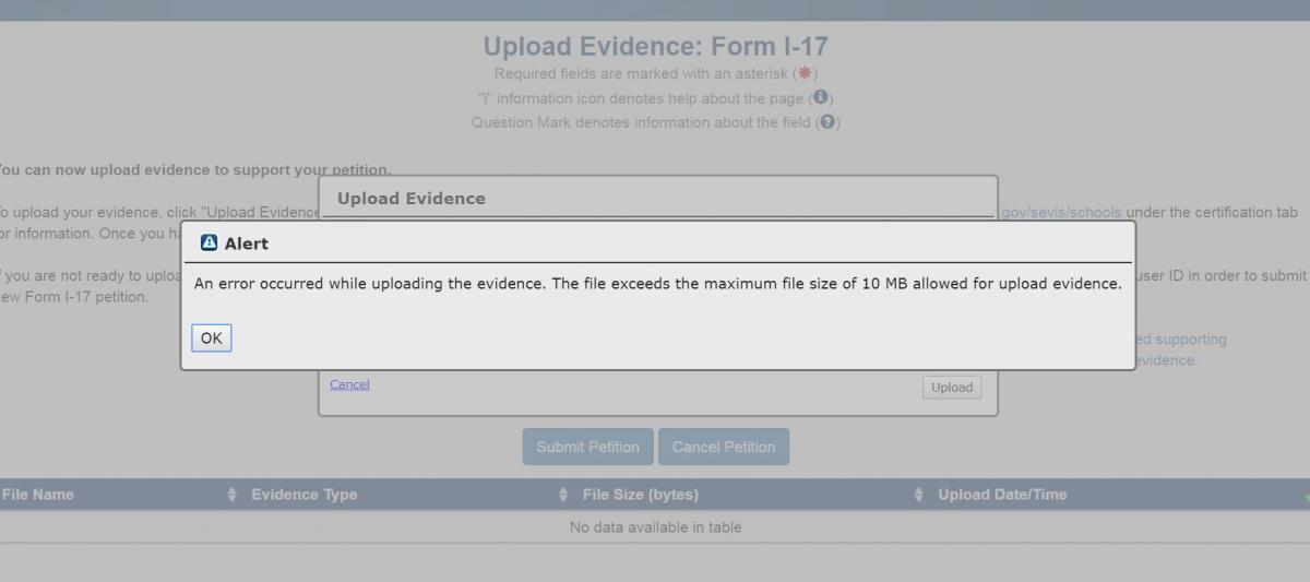 Alert popup - An error occurred while uploading the evidence. The file exceeds the maximum file size of 10 MB allowed for upload evidence