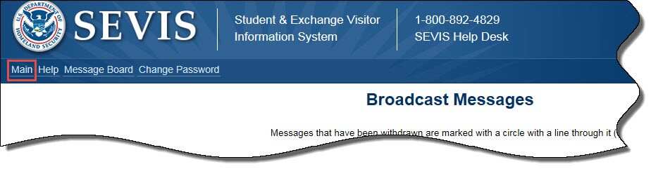  Broadcast Messages page with Main tab indicated.