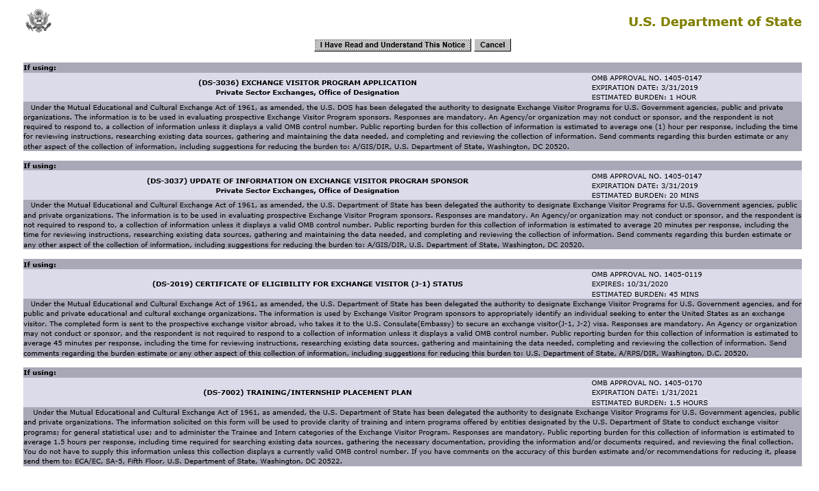 U.S. Department of State Use of Information Acknowledgement page