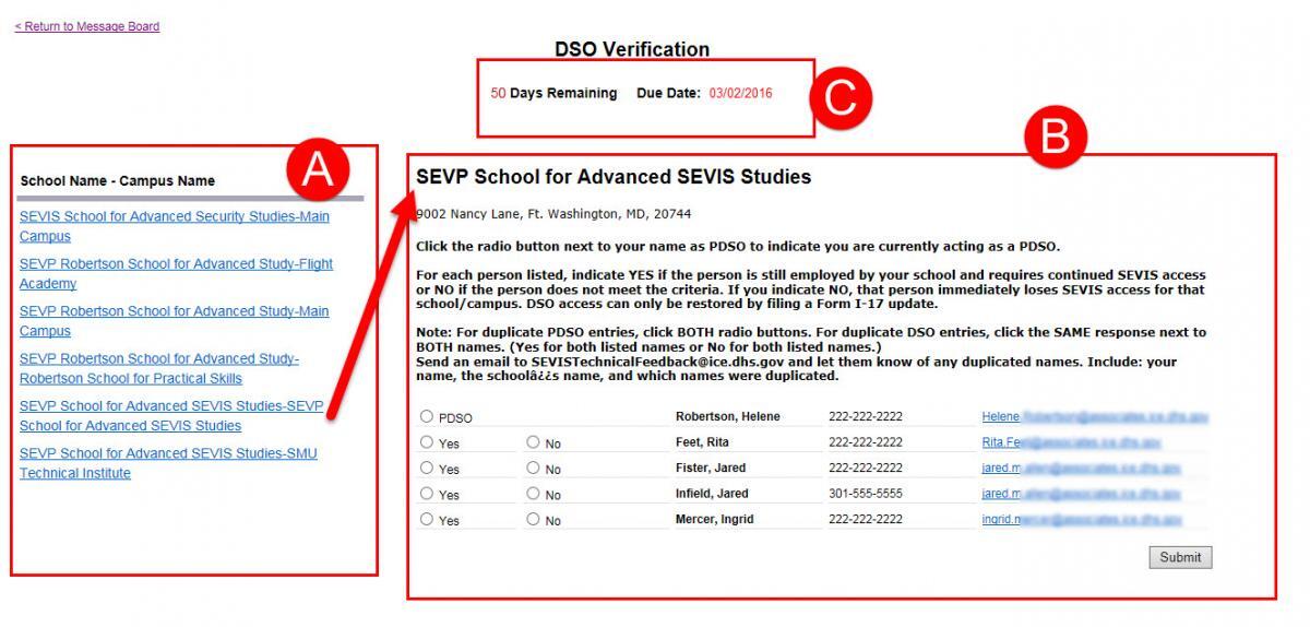 Image of DSO Verification page with three sections identified as A, B, and C.