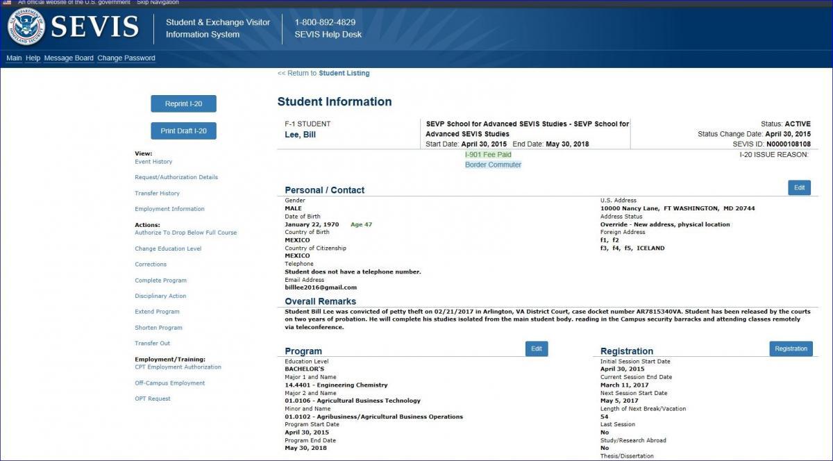 the Student Information page with the Explanation comments printed in the Overall Remarks field