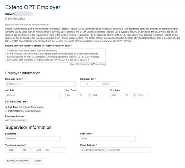 Extend OPT Employer Page