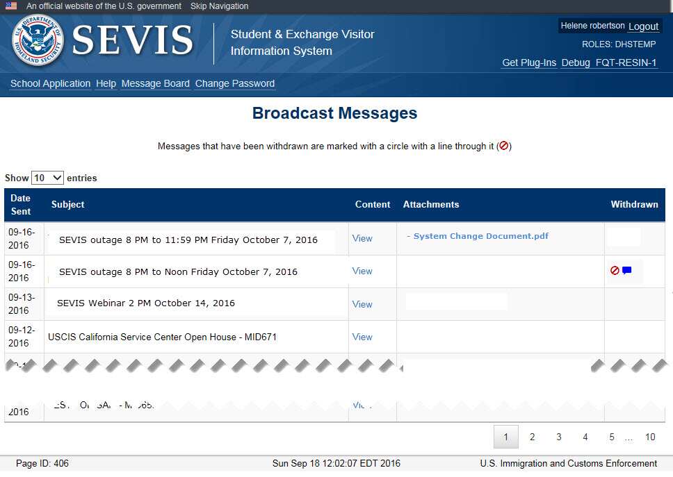The SEVIS Broadcast Message page 