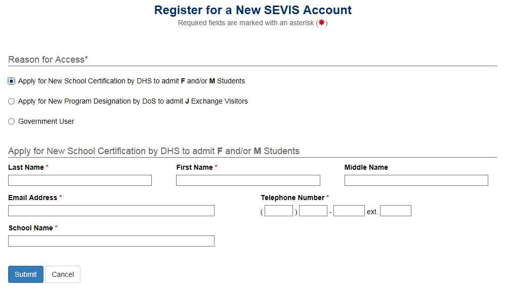 Register for a New SEVIS Account page with  additional fields to collect more information