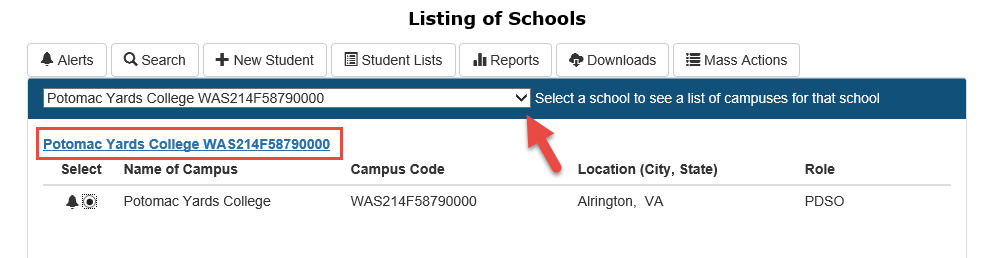 Listing of Schools page with school choice drop down menu and  School Information page link in red. 
