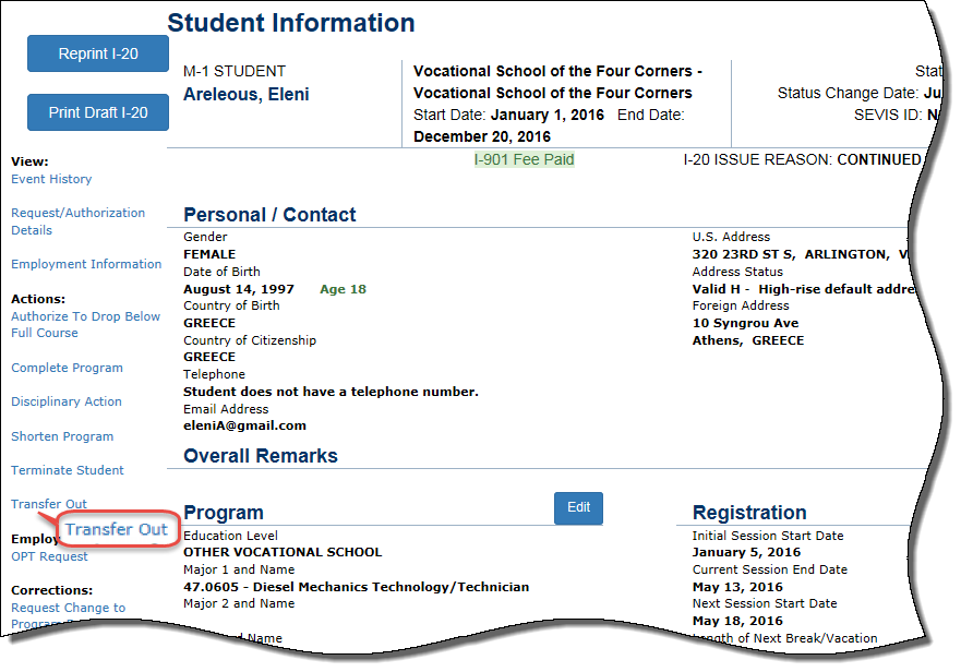 The student information page